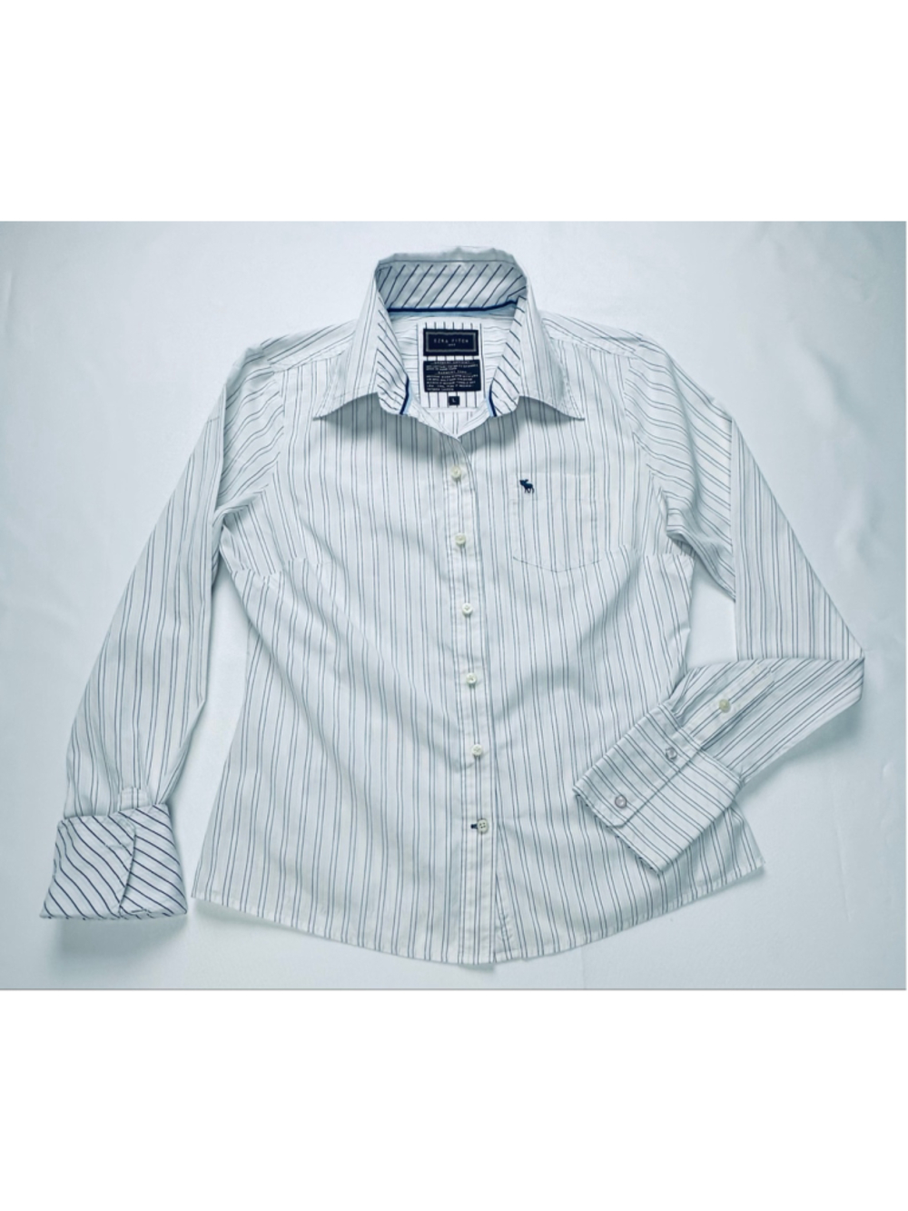 VTG Ezra Fitch 1892 Women’s L White Navy Stripe French Cuff Shirt Moose Heritage